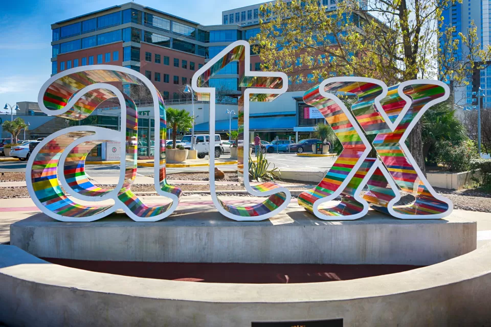 Colorful "atx" sign in front of Whole Foods store in Austin, Texas